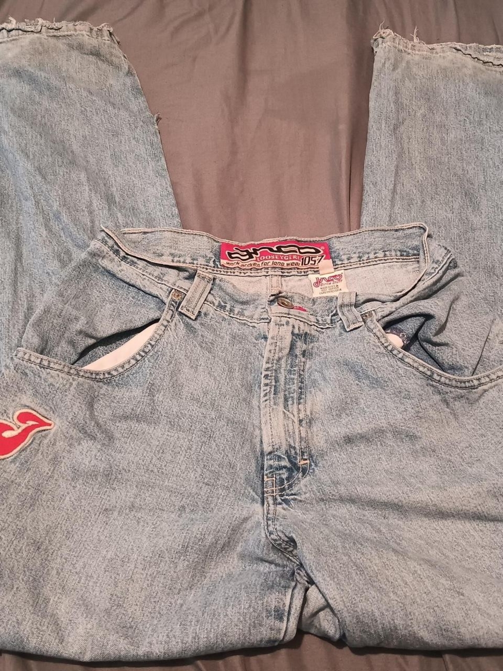 Vintage JNCO Light Blue Flare Jeans with Red Patch Looseygirl 1057